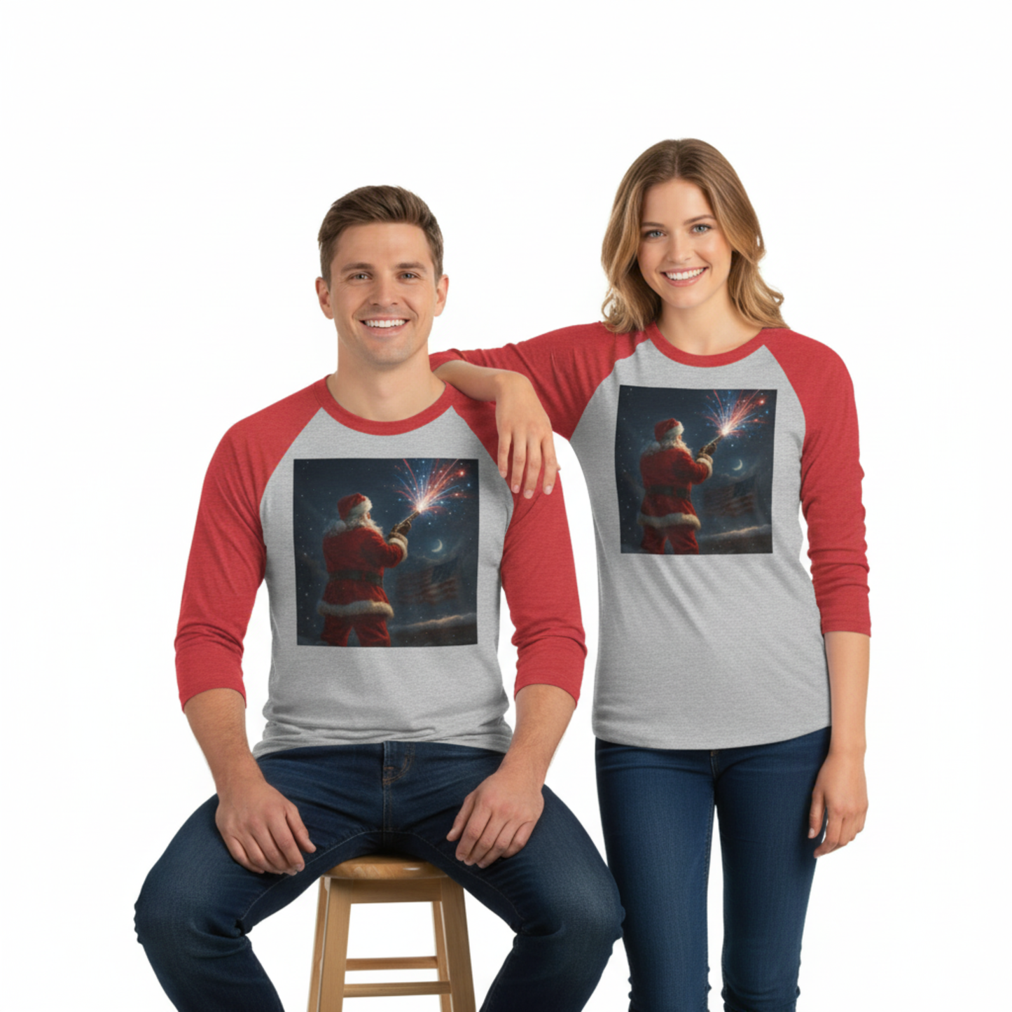 Stars & Stripes Santa Baseball Raglan – Patriotic Christmas 3/4 Sleeve Shirt, Unisex Holiday Tee