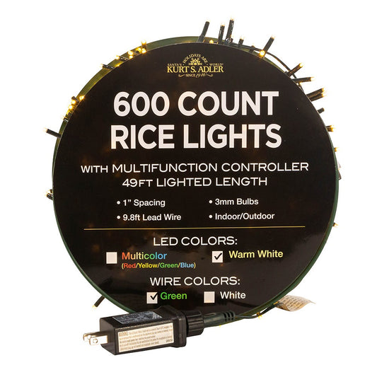 600-Light 49 ft Warm White LED Rice Light Set | Kurt Adler