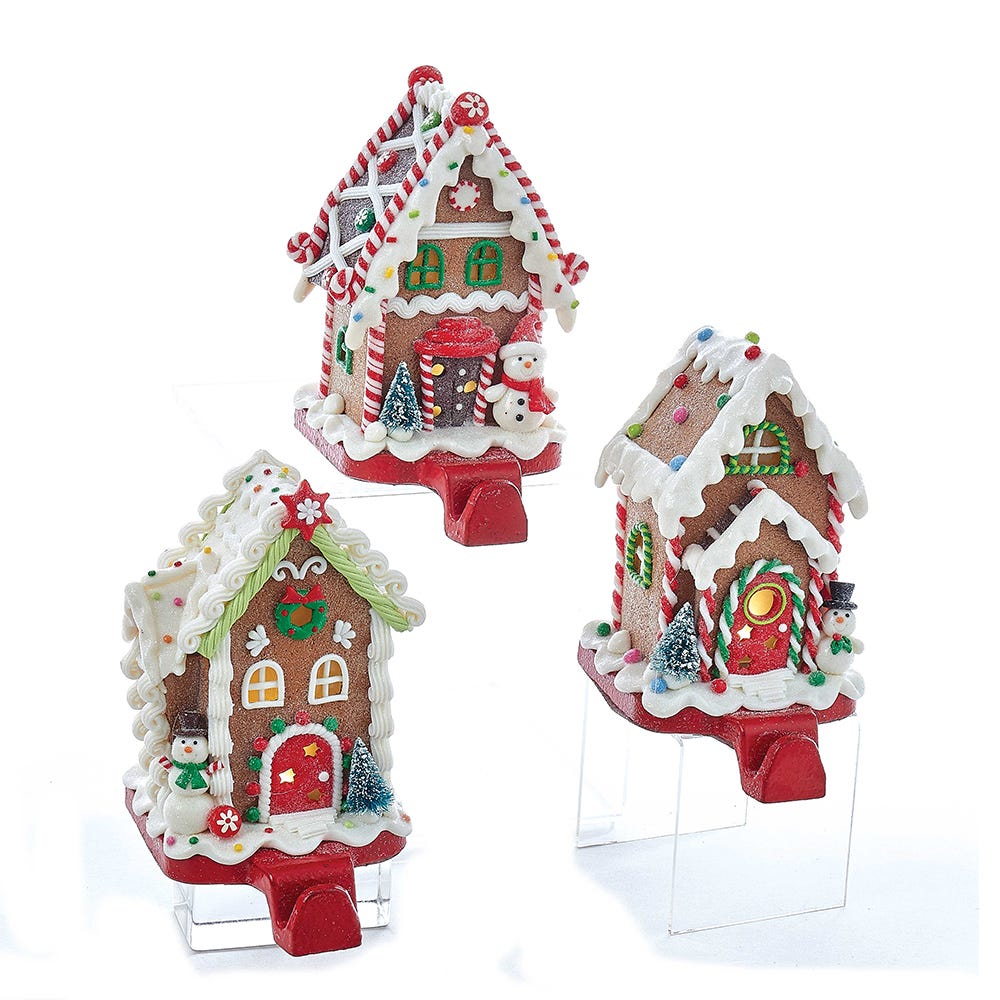Kurt Adler 1 Set 3 Assorted Battery Operated 6 Inch Snowman, Santa And Gingerbread Man House Clay Dough Stocking Holders