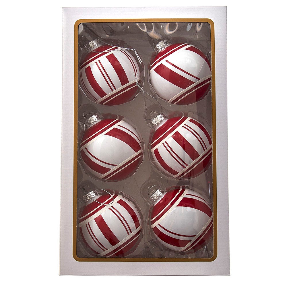 Kurt S. Adler Red and White Glass Ball, 6 Piece Ornament Set, 80MM, Multi-Color