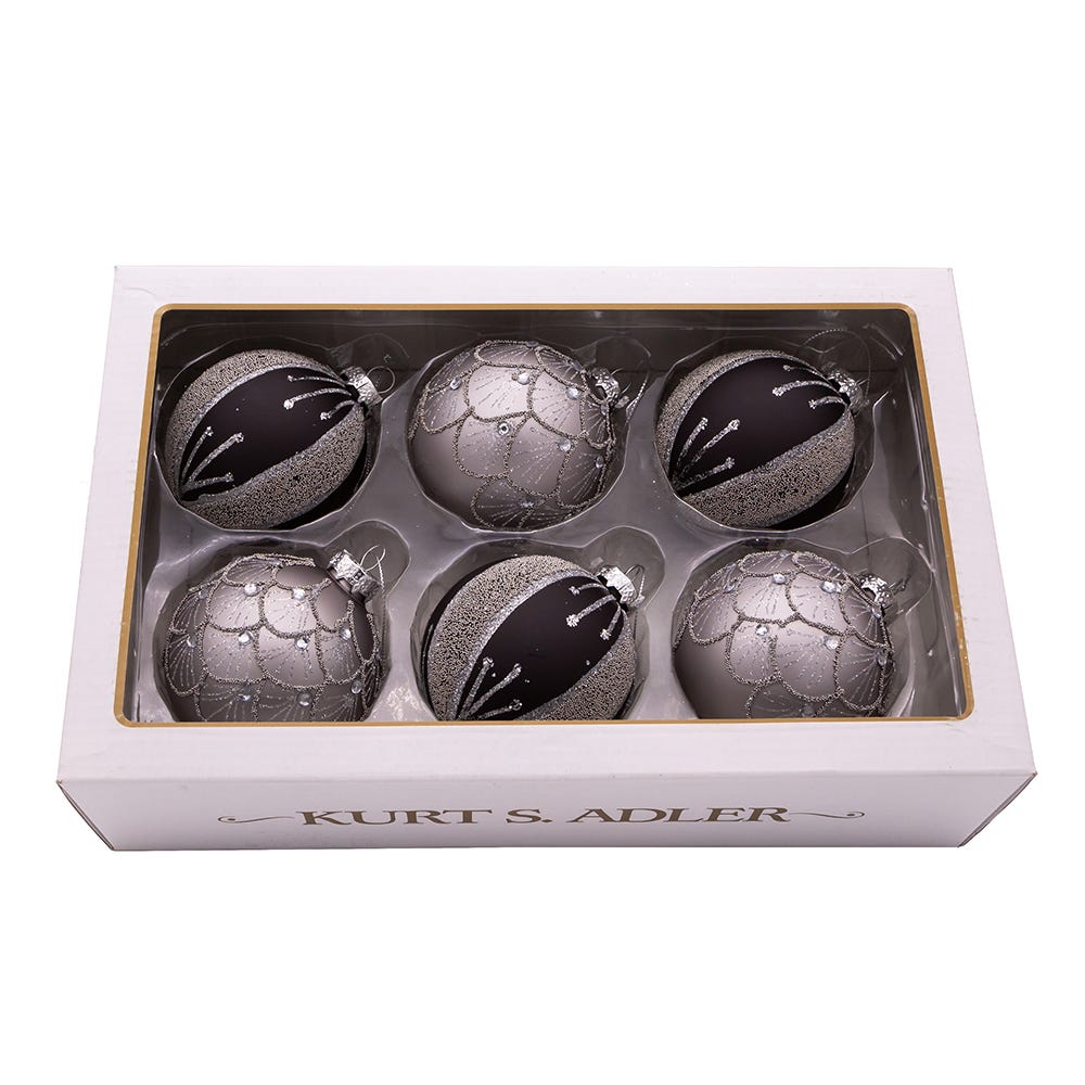 80MM Silver and Black Jeweled Glass Ball Ornaments, 6 Piece Set