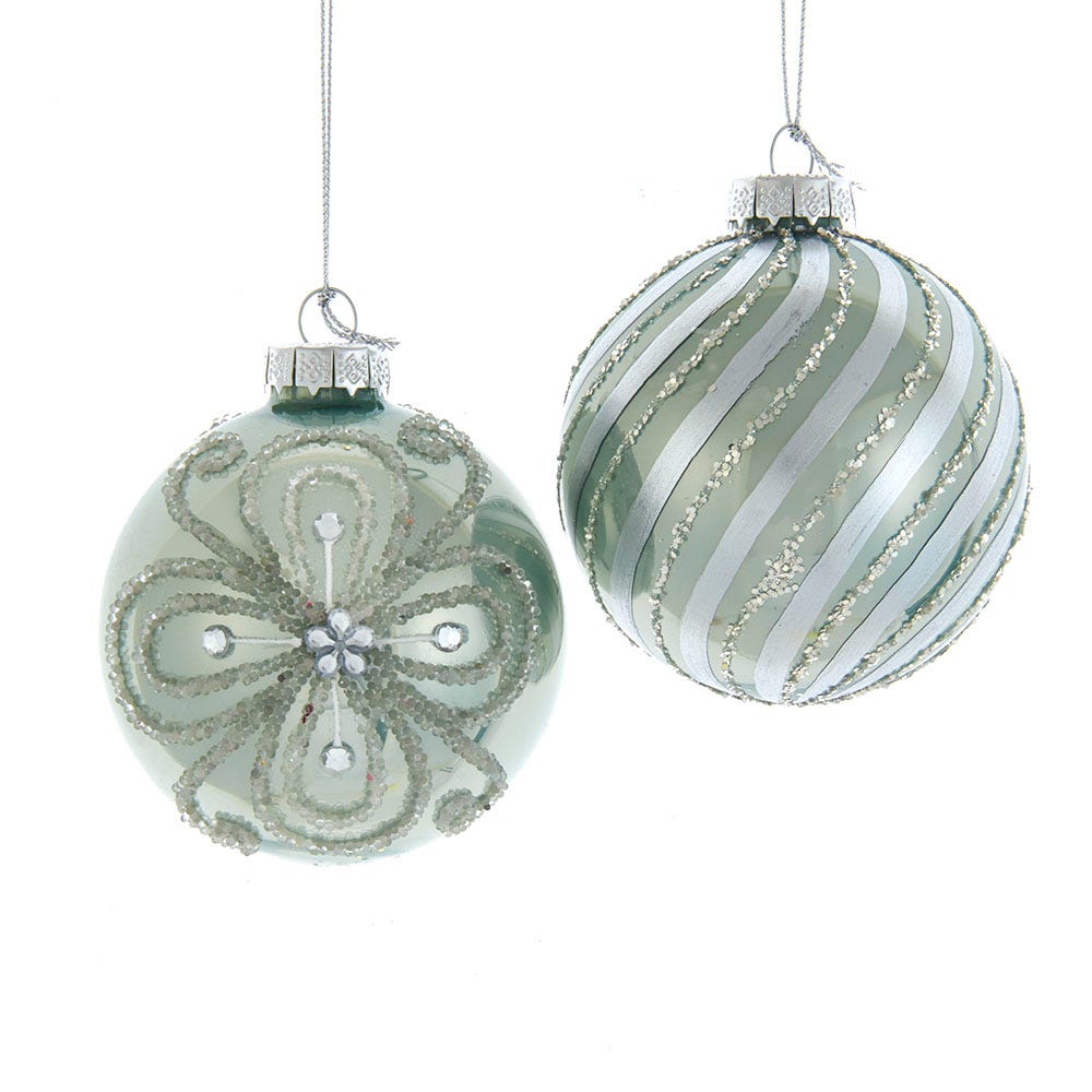 80MM Silver and Pale Aqua Embellished Ball Ornaments, 6 Piece Set