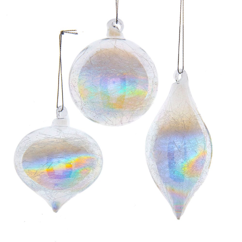 80MM Clear Iridescent Ball, Onion and Teardrop Ornaments, 3 Piece Set