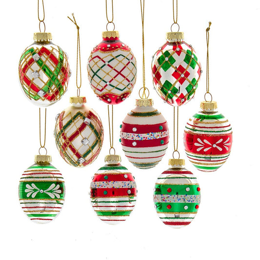 45MM Glass Red and Green Decorated Eggs, 9 Piece Set