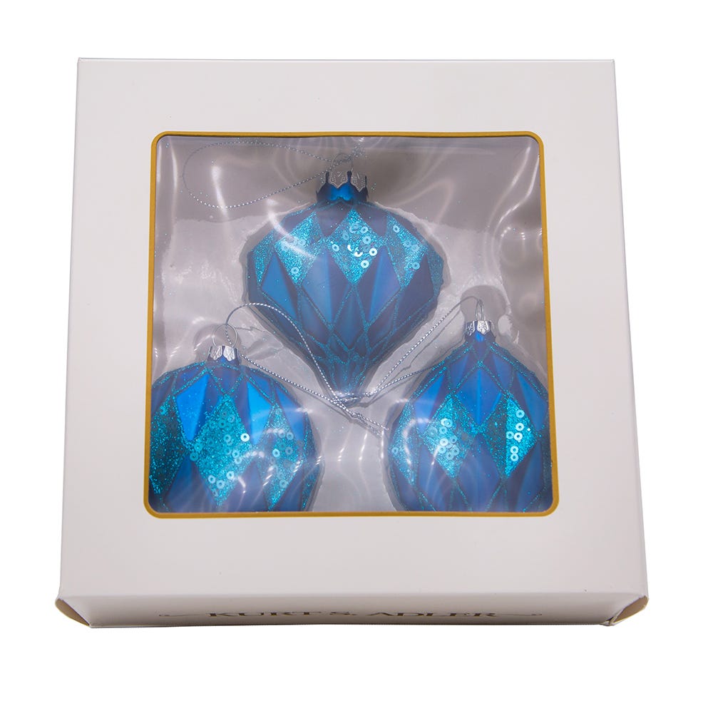 80 mm Glitter/Sequin Blue Ball/Finial/Onion Ornaments Set | Kurt Adler