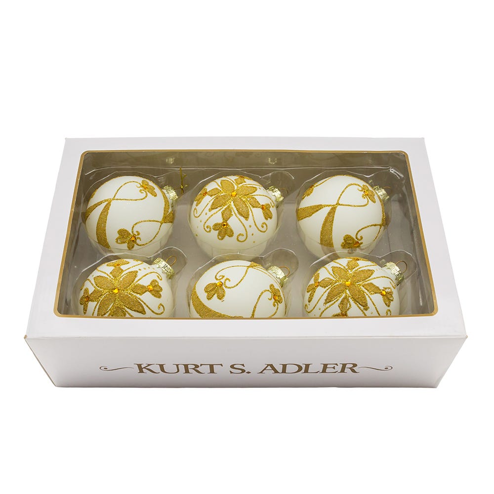 80 mm White Ball Ornaments with Gold Beads, Set of 6 | Kurt Adler