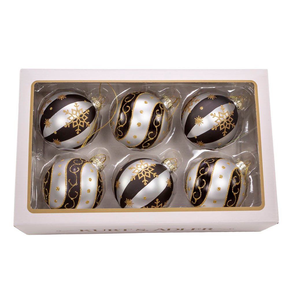 80 mm Silver/Black/Gold Glass Ball Ornaments, Set of 6 | Kurt Adler