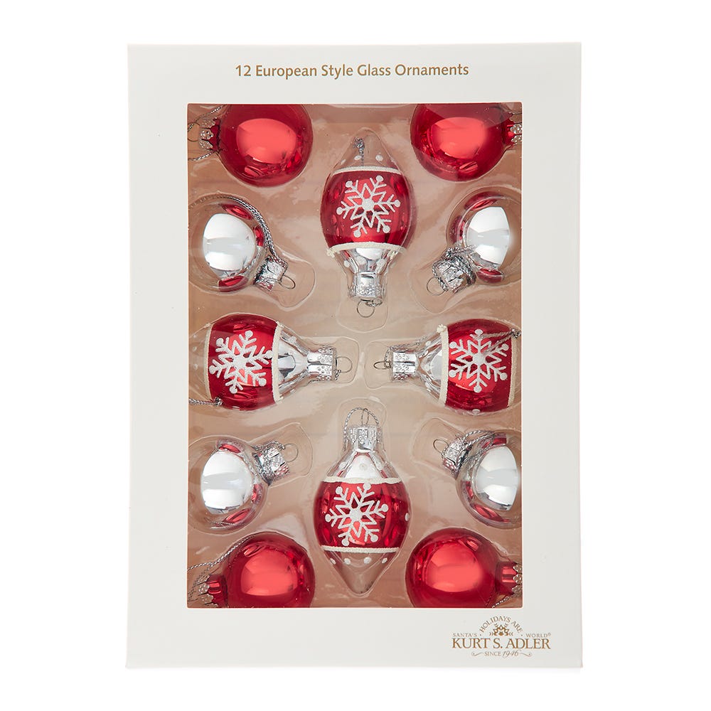 Kurt Adler 35MM Glass Red & Silver with Snowflake Ball Ornaments