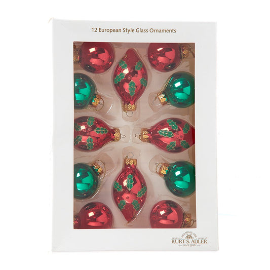 Kurt Adler 35MM Glass Green & Red with Holly Leaves Ball Ornaments