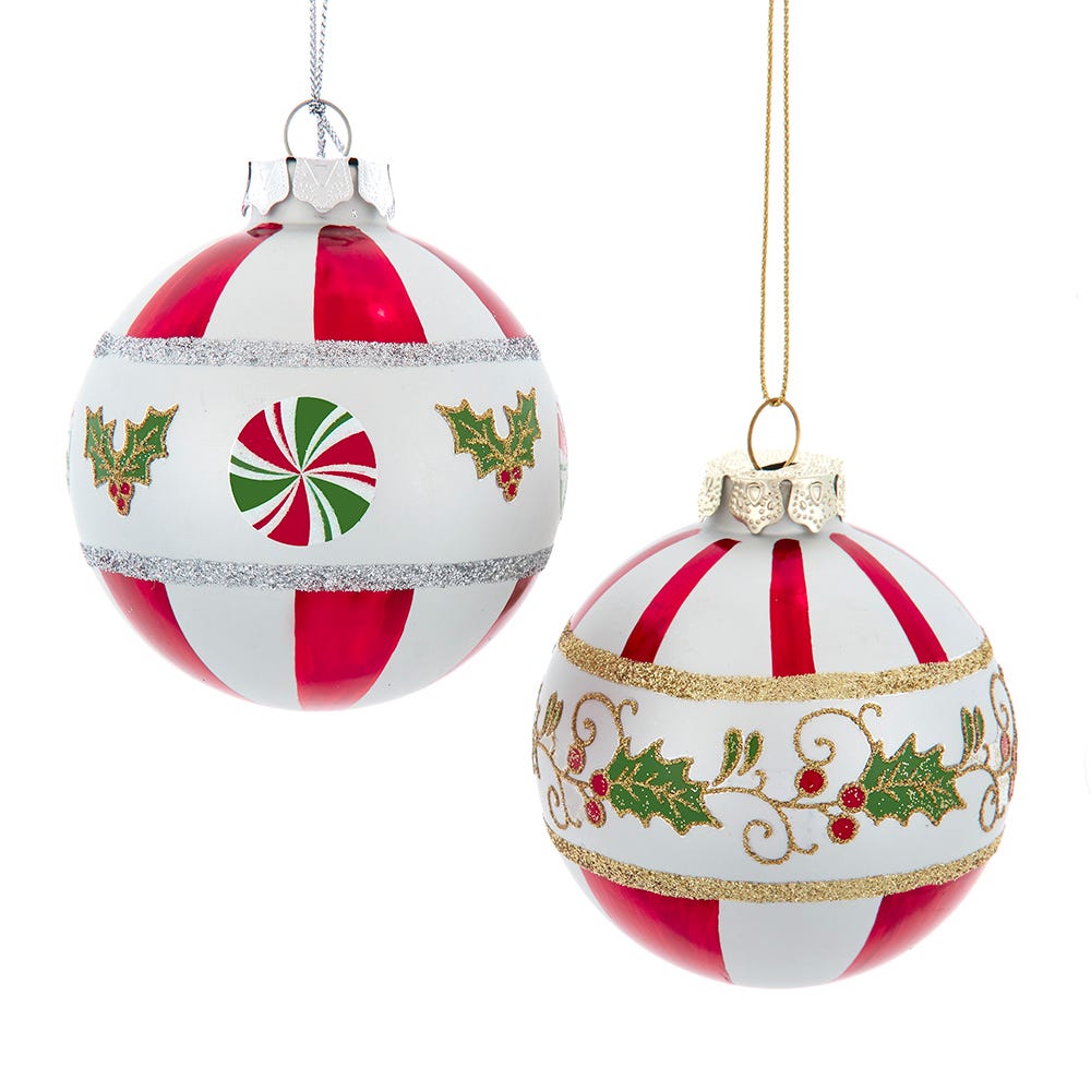 Kurt Adler Glittered Holly Leaf Peppermint Candy Bulb - 3 Inch Red/White/Green Glass Christmas Tree Ornament; Set of 2