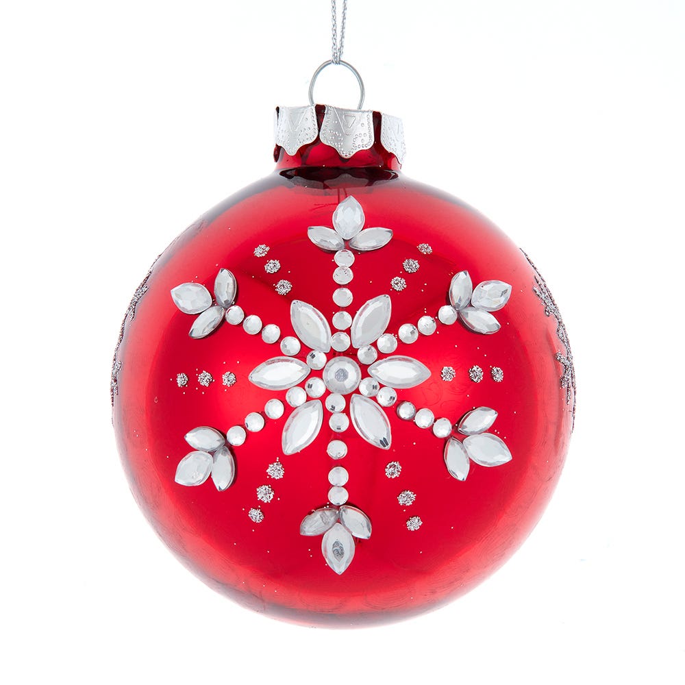 Kurt Adler 80MM Glass Shiny Red with Silver Snowflake Ball Ornaments