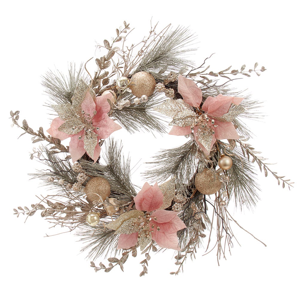 20" Champagne/Gold/Pink Poinsettia Decorative Wreath | Kurt Adler