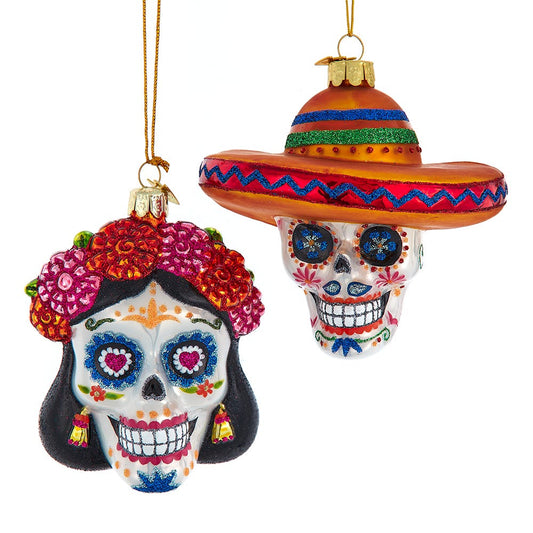 Kurt Adler 4-4.25-inch Noble Gems™ Glass Day of The Dead Sugar Skull Ornament Set
