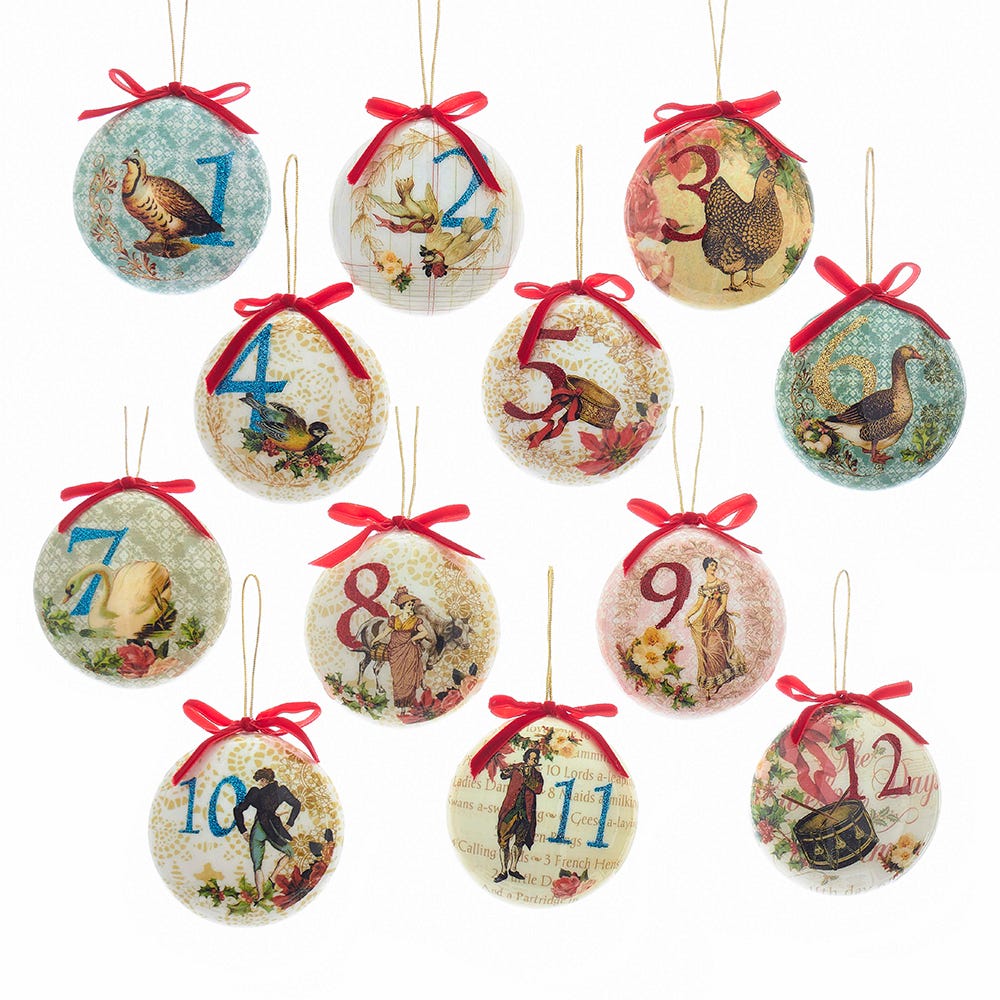 Kurt Adler 85mm Decoupage Ball Ornament Set of 12, 12 Piece for Christmas
