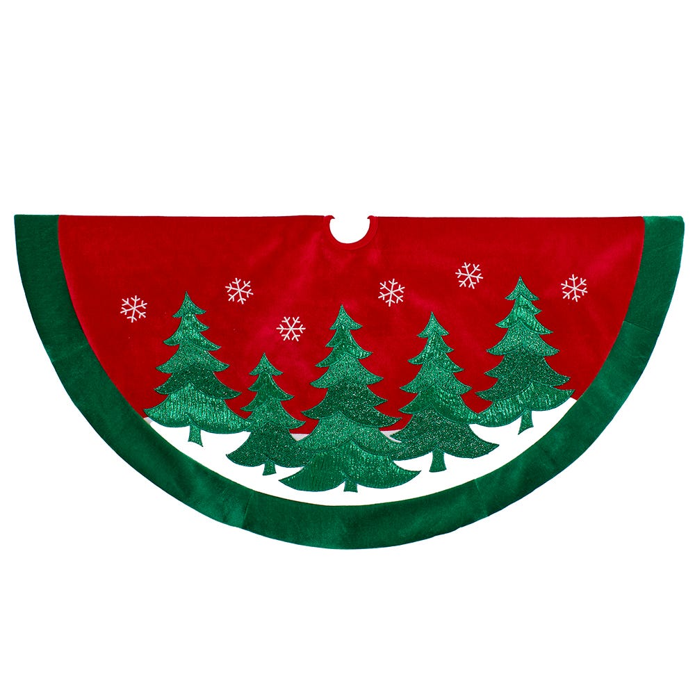 48" Velvet Red Tree Skirt with Green Trees | Kurt Adler