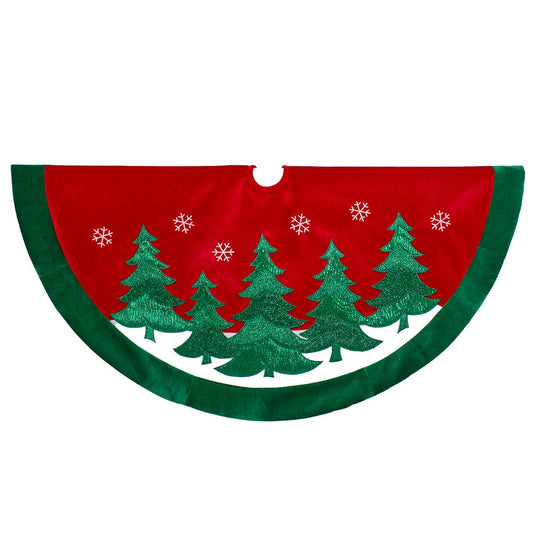 48" Velvet Red Tree Skirt with Green Trees | Kurt Adler