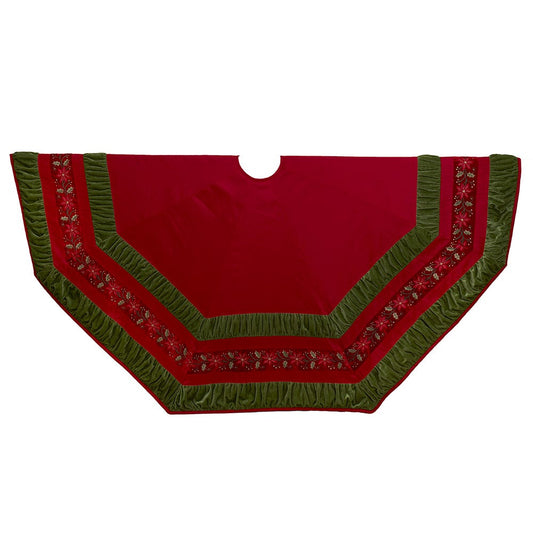72" Red Tree Skirt with Poinsettia Embroidery & Gathered Edge | Kurt Adler