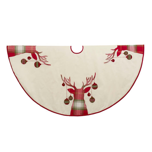 Kurt Adler 60-inch Ivory Dupion Tree Skirt with Reindeer Appliqué Embroidery