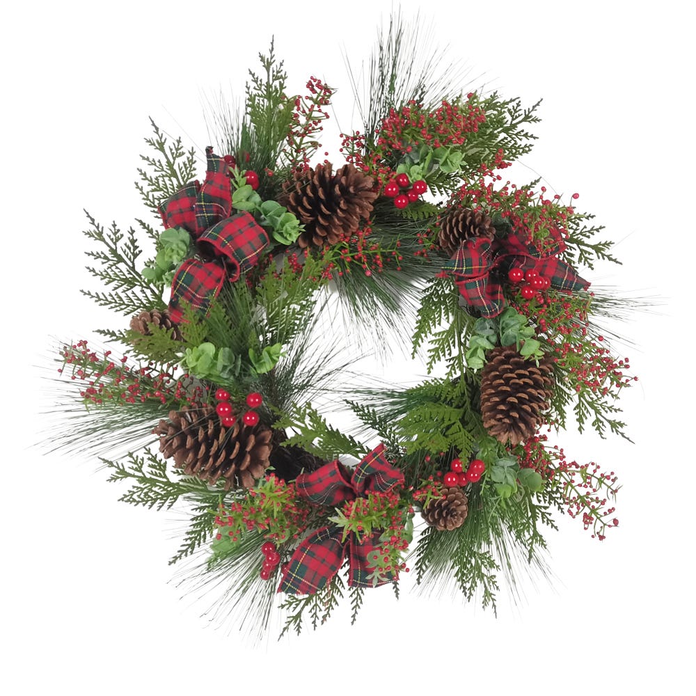 24" Rattan Wreath with Berries, Pinecones & Ribbon | Kurt Adler
