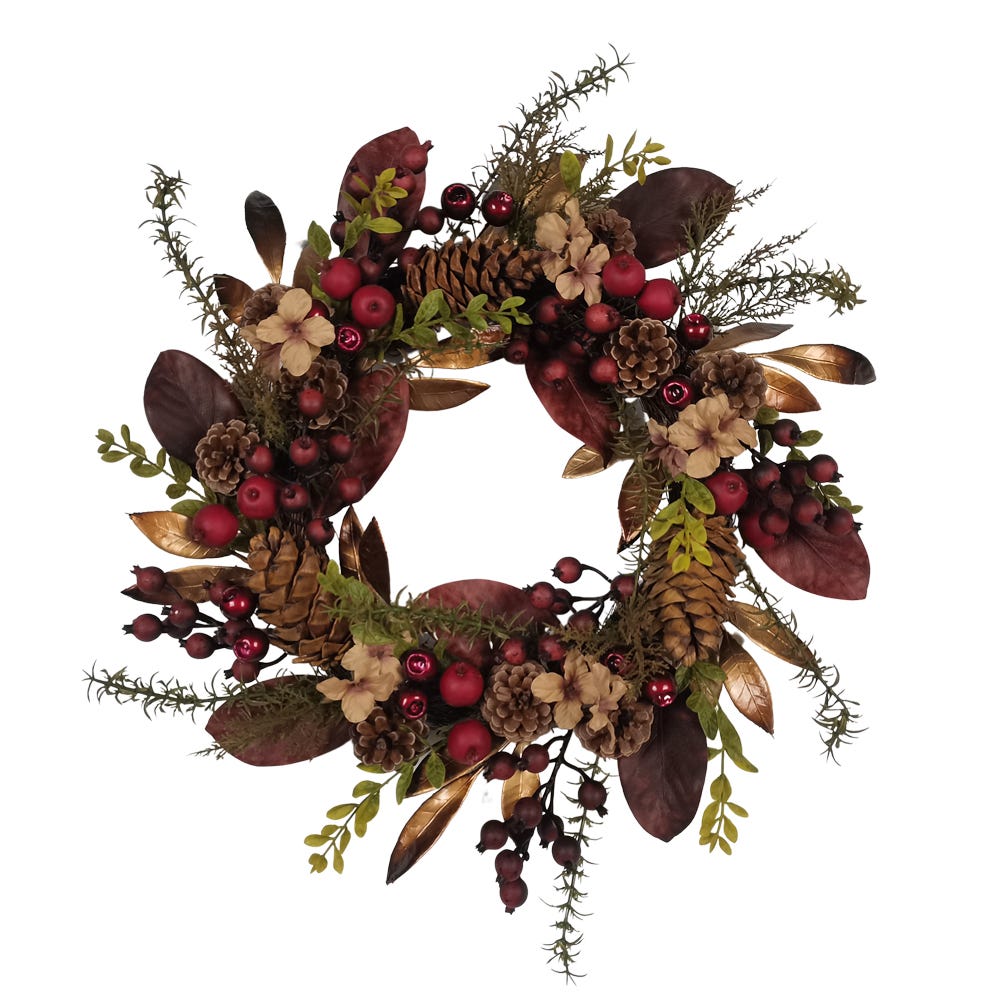 24" Burgundy Rattan Wreath with Berries & Pinecones | Kurt Adler
