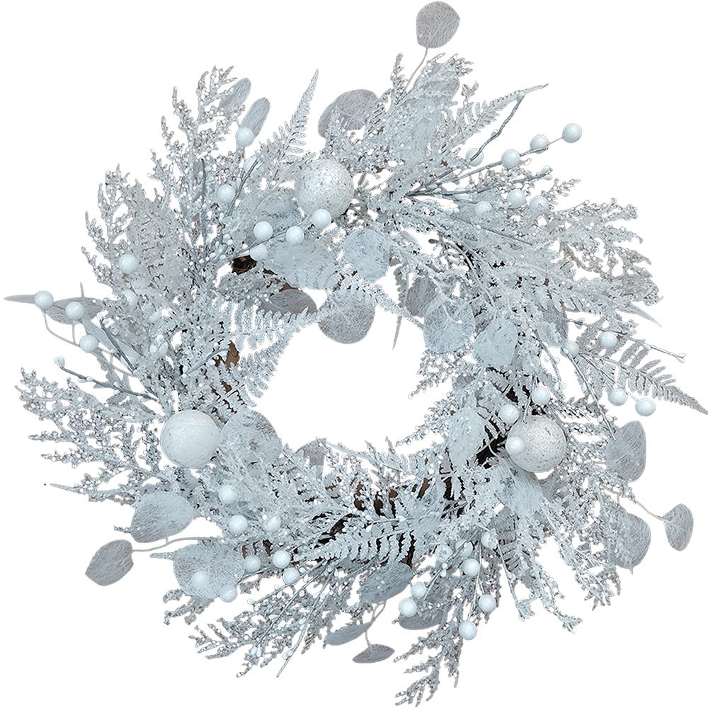 24" Unlit White Rattan Wreath with Ornaments | Kurt Adler