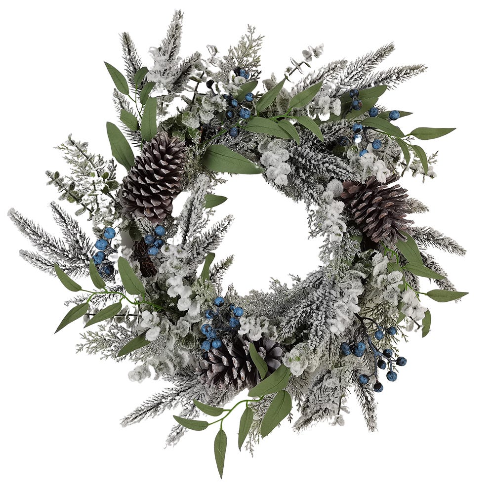 24" Green Flocked Rattan Wreath with Blueberries | Kurt Adler