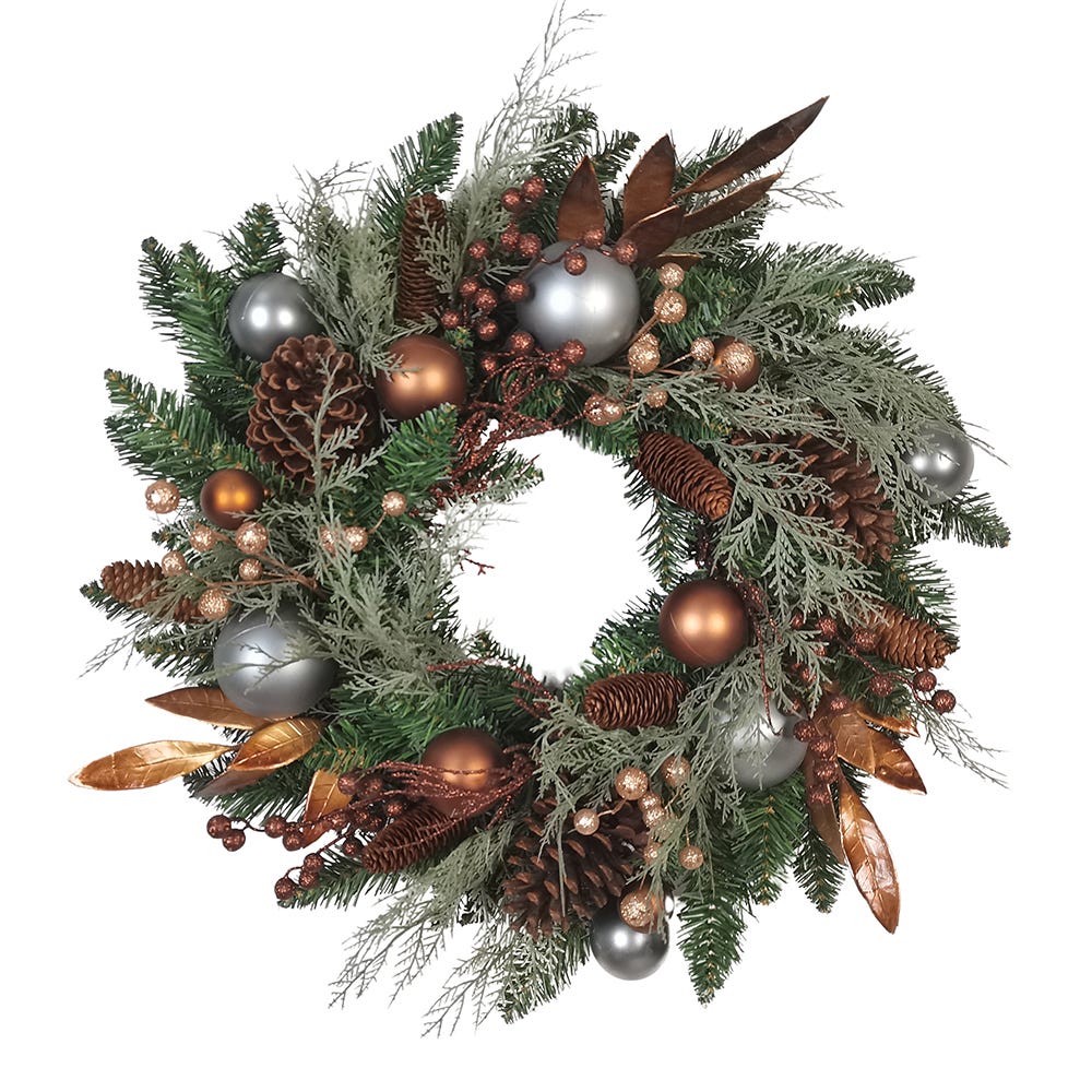 24" Unlit Green Wreath with Copper & Silver Balls | Kurt Adler