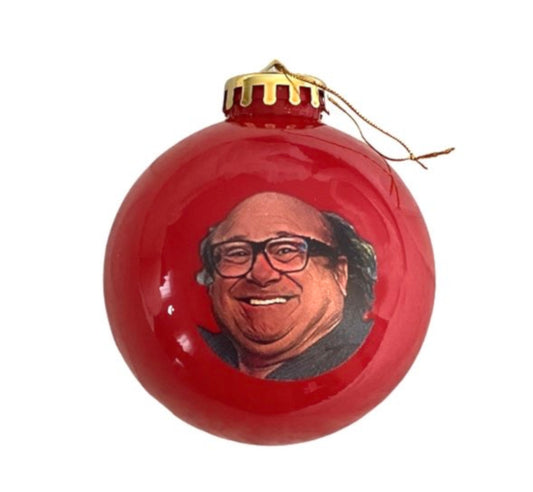 Tree Treasures Danny Devito Christmas Ball Ornament, Frank Reynolds Always Sunny Christmas Ornament for Tree 3 1/4 in Diameter, Red with Gold Hanging Loop Stocking Stuffer Funny