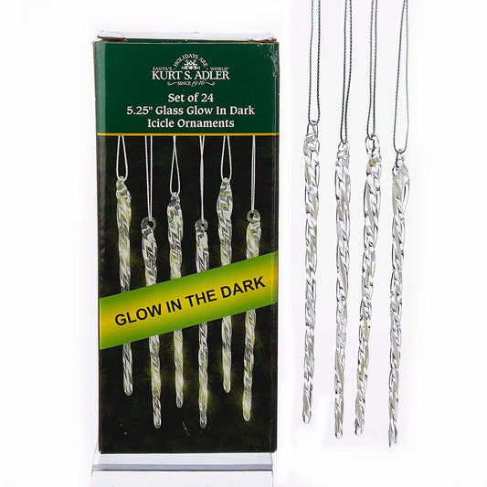 Kurt Adler 5-1/4-Inch Glass Glow-in-The-Dark Icicle Ornament Set of 24 (Pack of 2)