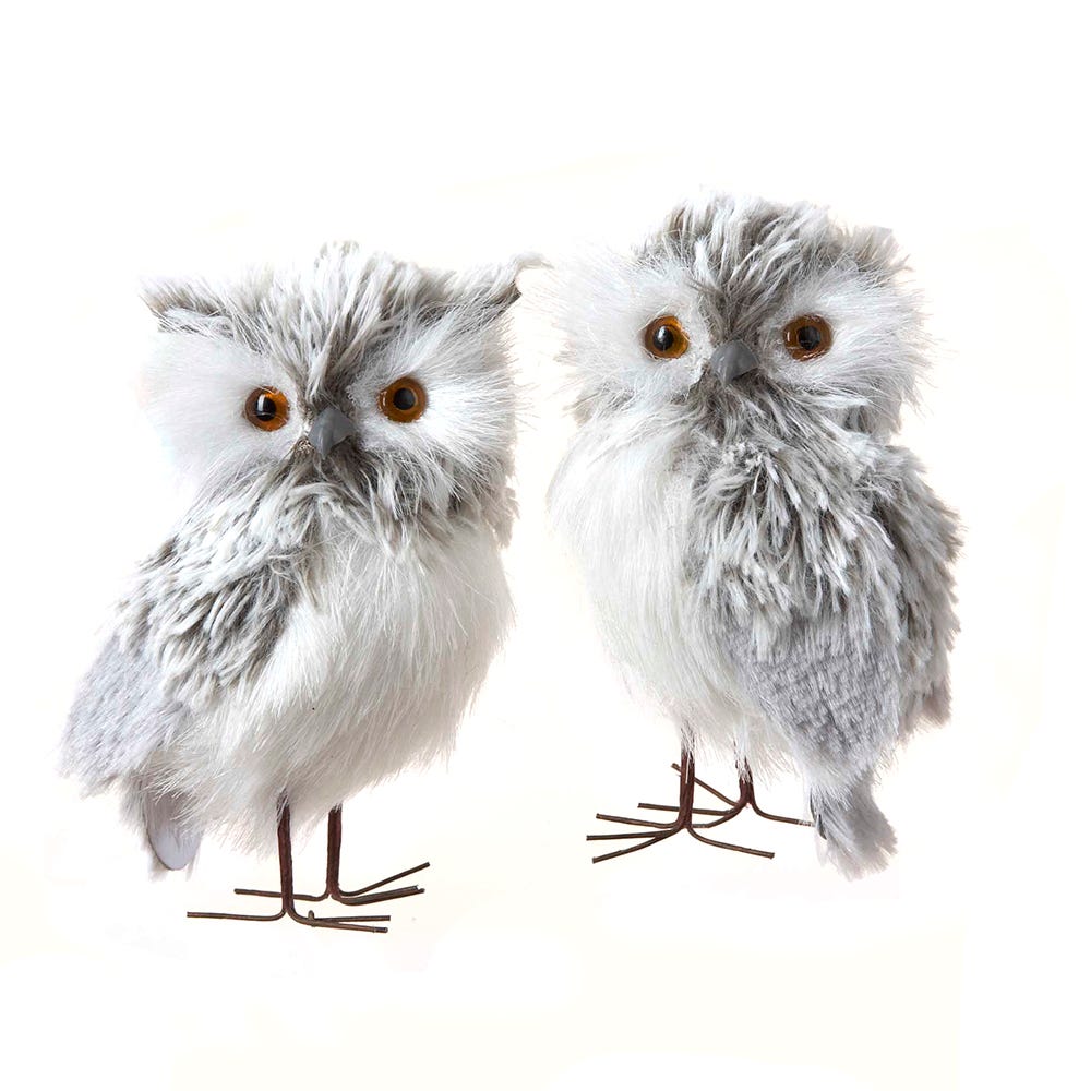 Kurt Adler 5-Inch Furry Gray Owl Set of 2