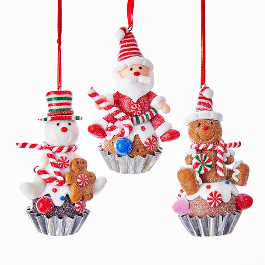 Kurt S. Adler Claydough Christmas Tree Ornaments Holiday Decoration Gingerbread Peppermint Candy (3.5" Set of 3 Santa Snowman Gingerbread Man Cupcake Ornaments D3166)