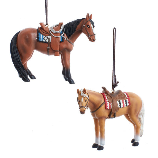 Kurt S. Adler E0862 Western Horse with Saddle Dark Brown and Tan 4 Inch Resin Hanging Christmas Ornament Set of 2