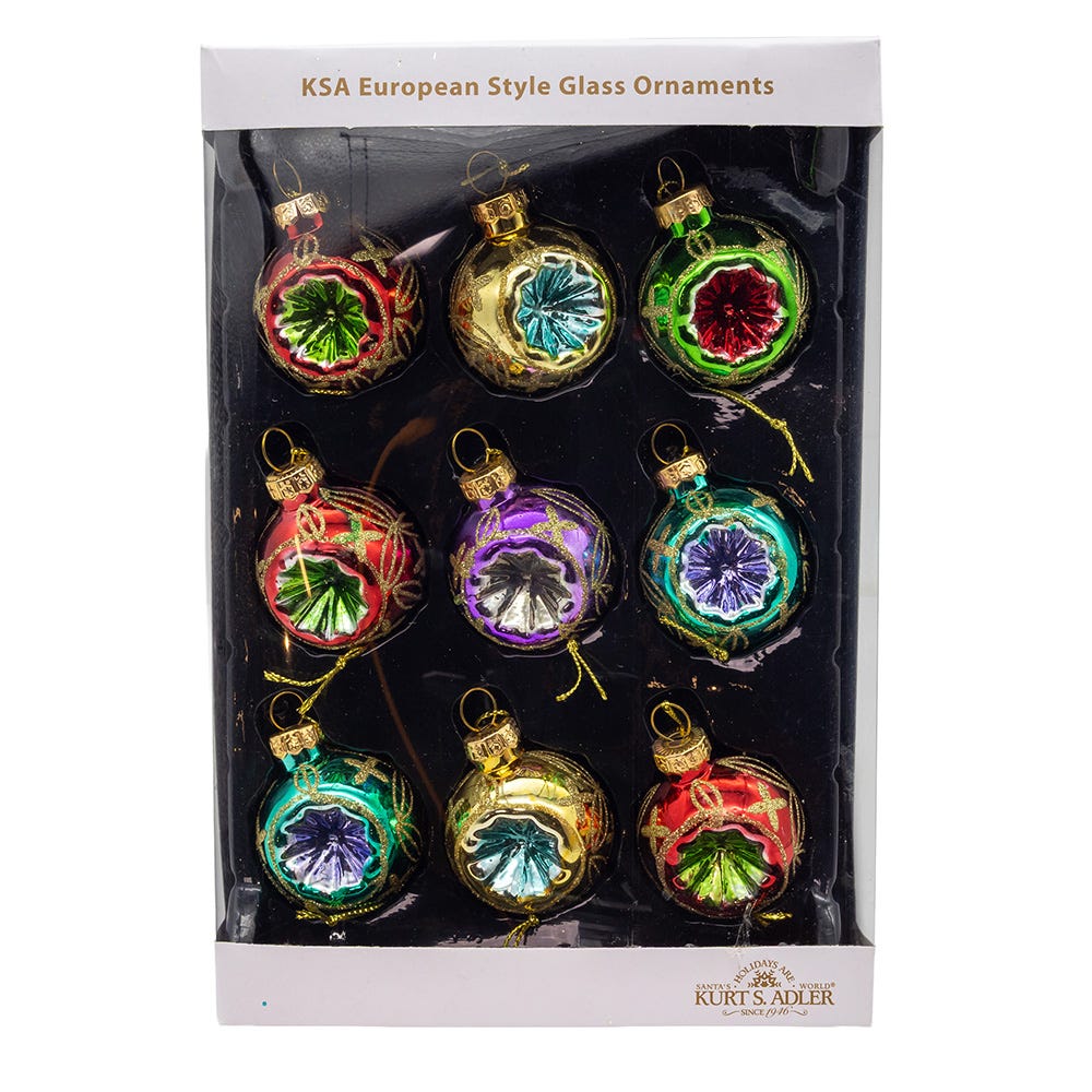 Kurt Adler 45mm Glass Multicolored Set of 9 Reflector Ornament Set, Multi, 9 Piece, for Christmas