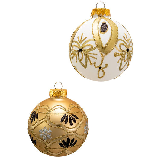 Kurt Adler 80MM Glass Gold and White Deco Ornament, 6 Piece Set, Multicolor, 6 Count, Christmas