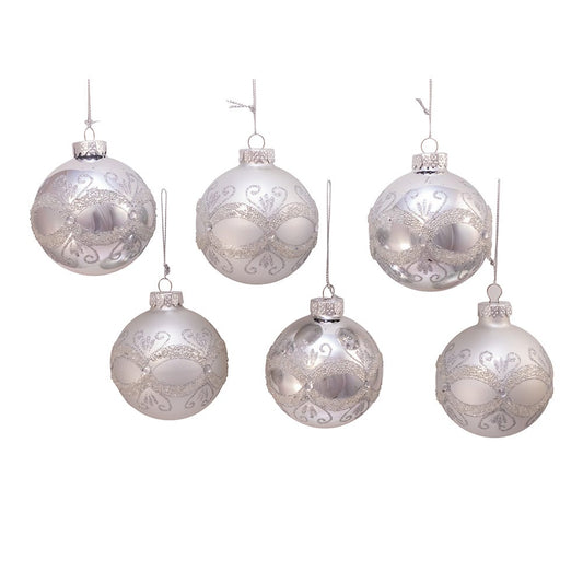 Kurt S. Adler Kurt Adler 80MM Matte and Shiny Silver with Glitter Glass Ball, 6 Piece Box Ornament