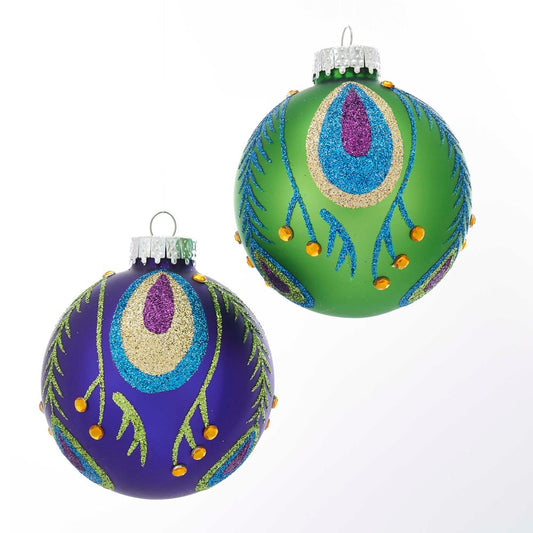 Green and Purple Peacock 80MM Glass Ball Christmas Ornaments Set of 6 GG0920 New
