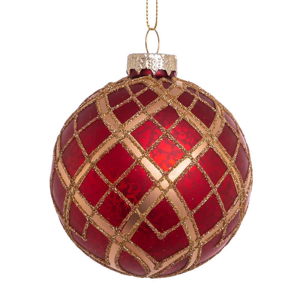 Kurt S. Adler 80MM Red with Gold Plaid Glass Ball Ornaments, 6-Piece Set