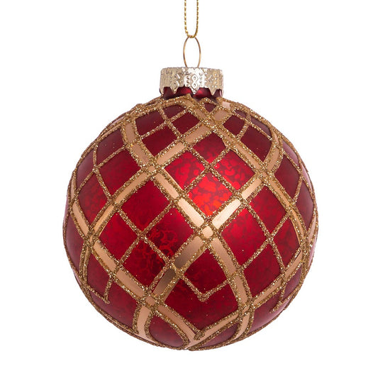 Kurt S. Adler 80MM Red with Gold Plaid Glass Ball Ornaments, 6-Piece Set