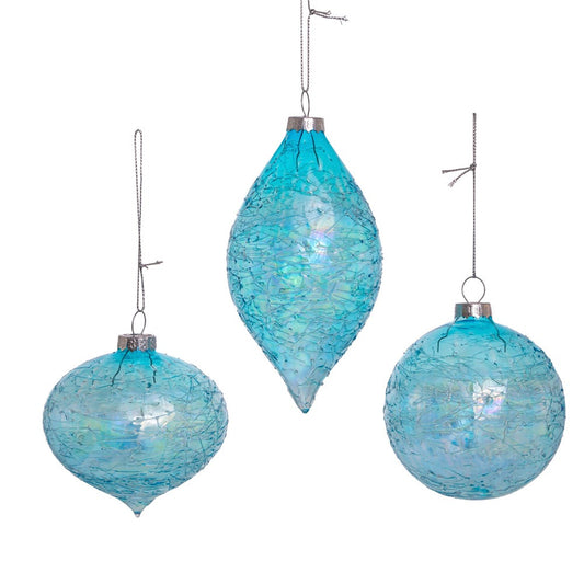 80MM Blue Finial, Onion, and Ball Glass Ornaments, 3-Piece Set