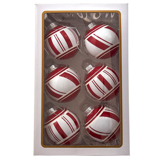 Kurt S. Adler Red and White Glass Ball, 6 Piece Ornament Set, 80MM, Multi-Color