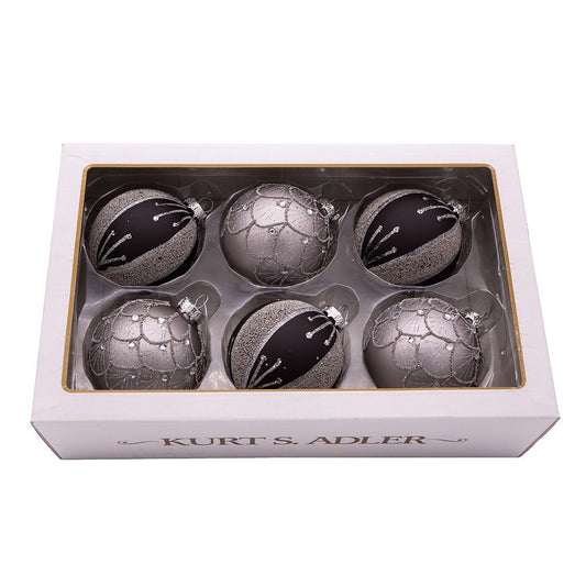 80MM Silver and Black Jeweled Glass Ball Ornaments, 6 Piece Set
