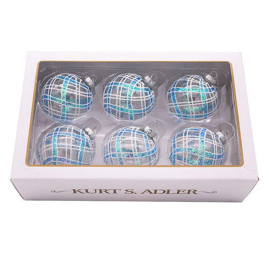 80MM Plaid Light Blue and Clear Glass Ball Ornaments, 6 Piece Set