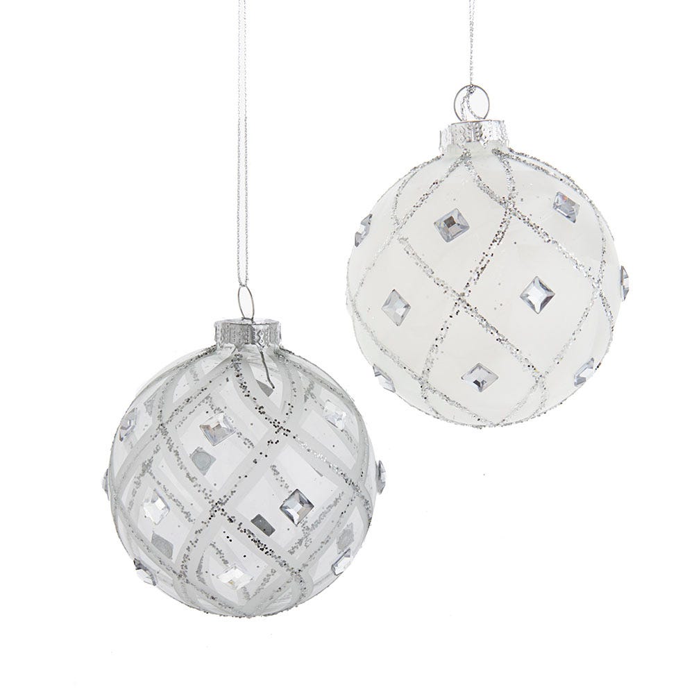 80MM Jeweled Clear Feather White Ball Ornaments, 6 Piece Set