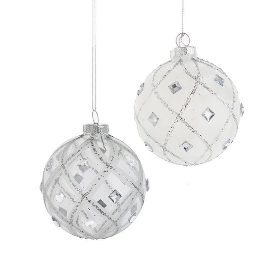 80MM Jeweled Clear Feather White Ball Ornaments, 6 Piece Set
