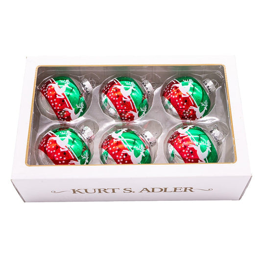 80MM Red and Green Reindeer Glass Ball Ornaments, 6 Piece Set