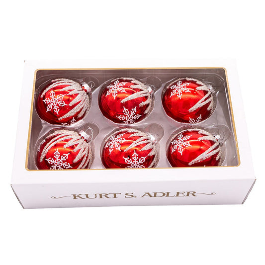 Kurt S. Adler 80MM Red and Silver Snowflake Ball Ornaments, 6 Piece Set