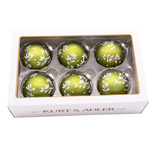80MM Green Leaf Design Ball Ornaments, 6 Piece Set