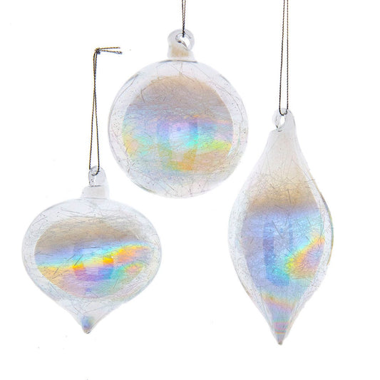 80MM Clear Iridescent Ball, Onion and Teardrop Ornaments, 3 Piece Set
