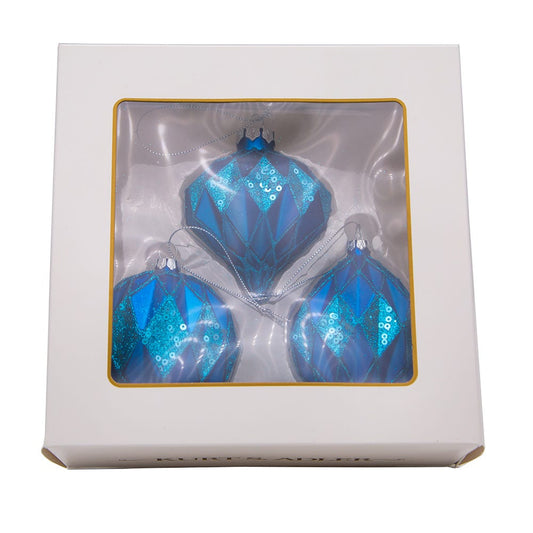 80 mm Glitter/Sequin Blue Ball/Finial/Onion Ornaments Set | Kurt Adler