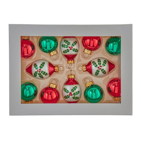 35MM Glass Green & Red Ball and Finial Ornaments 12 Piece Box Set